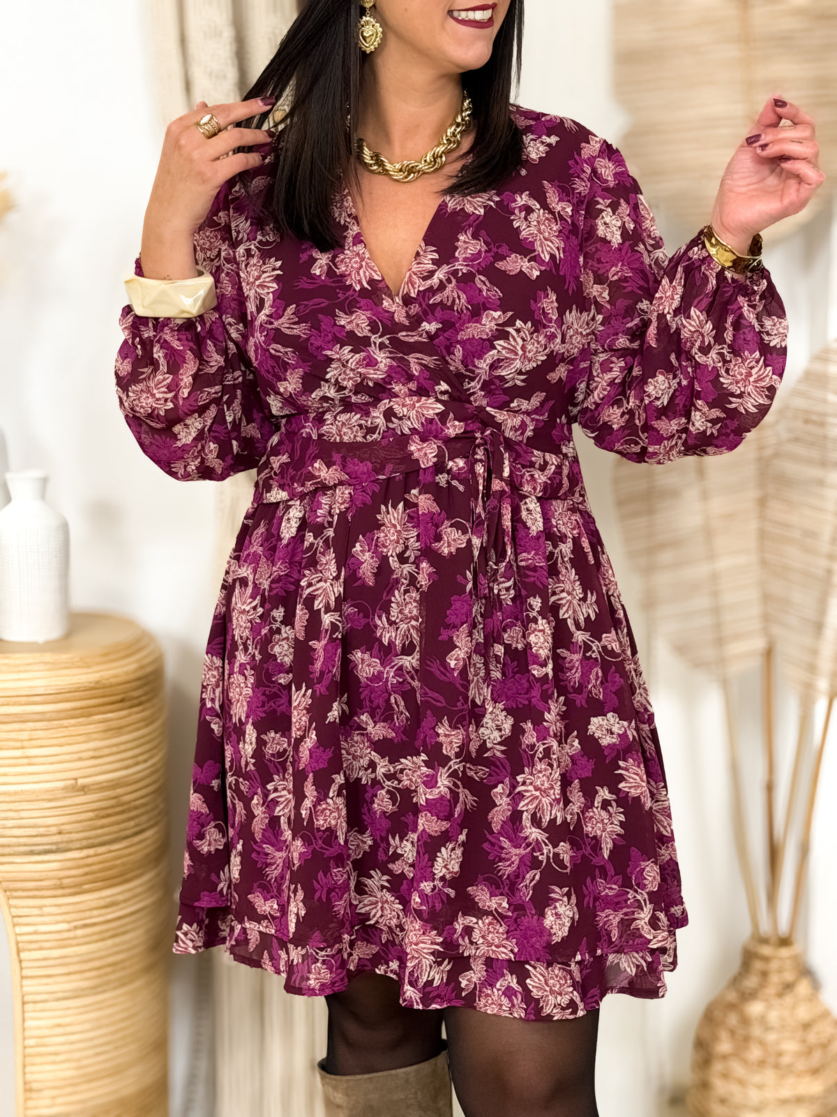 Robe courte grande taille Yvana bordeaux et magenta