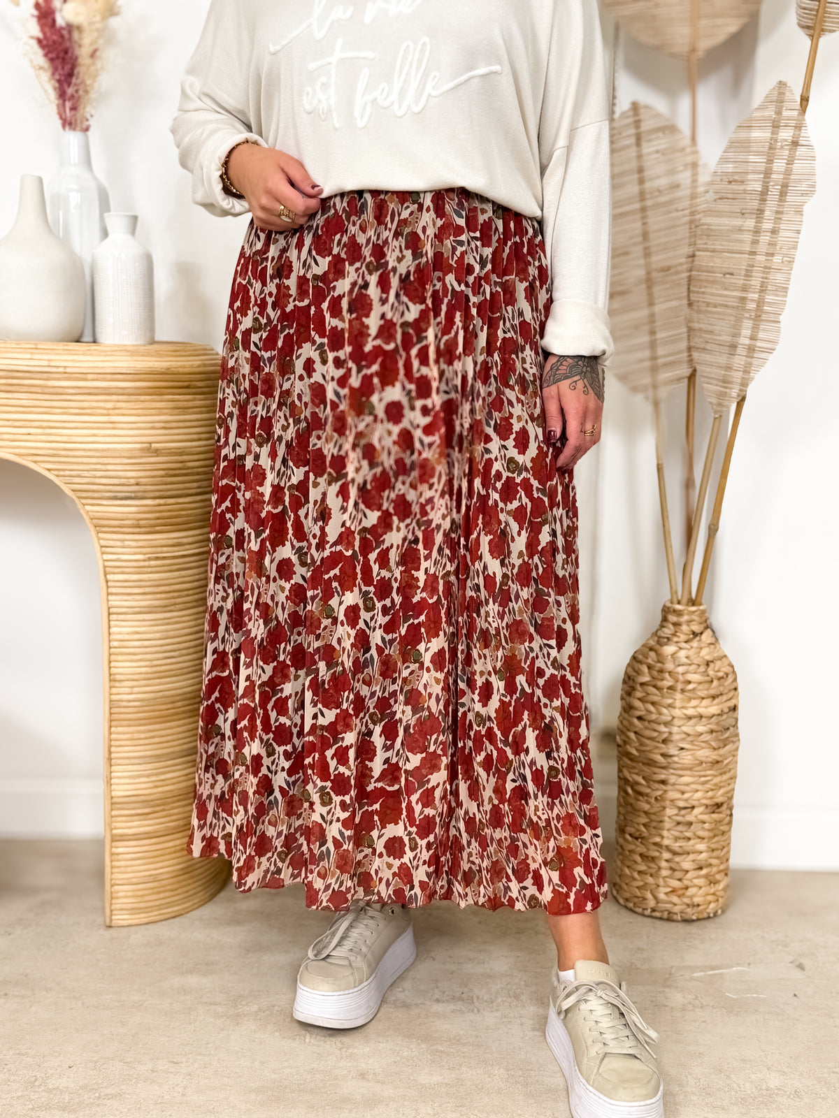 Jupe plissée grande taille Lucina rouge et beige
