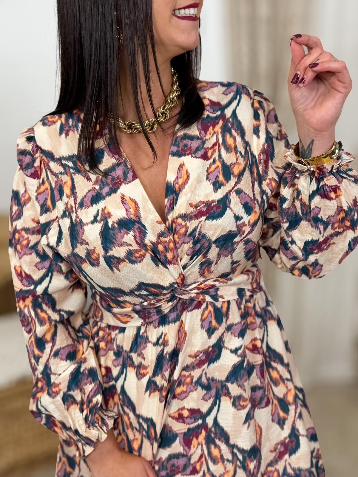 Robe longue grande taille Vinaya beige et bordeaux