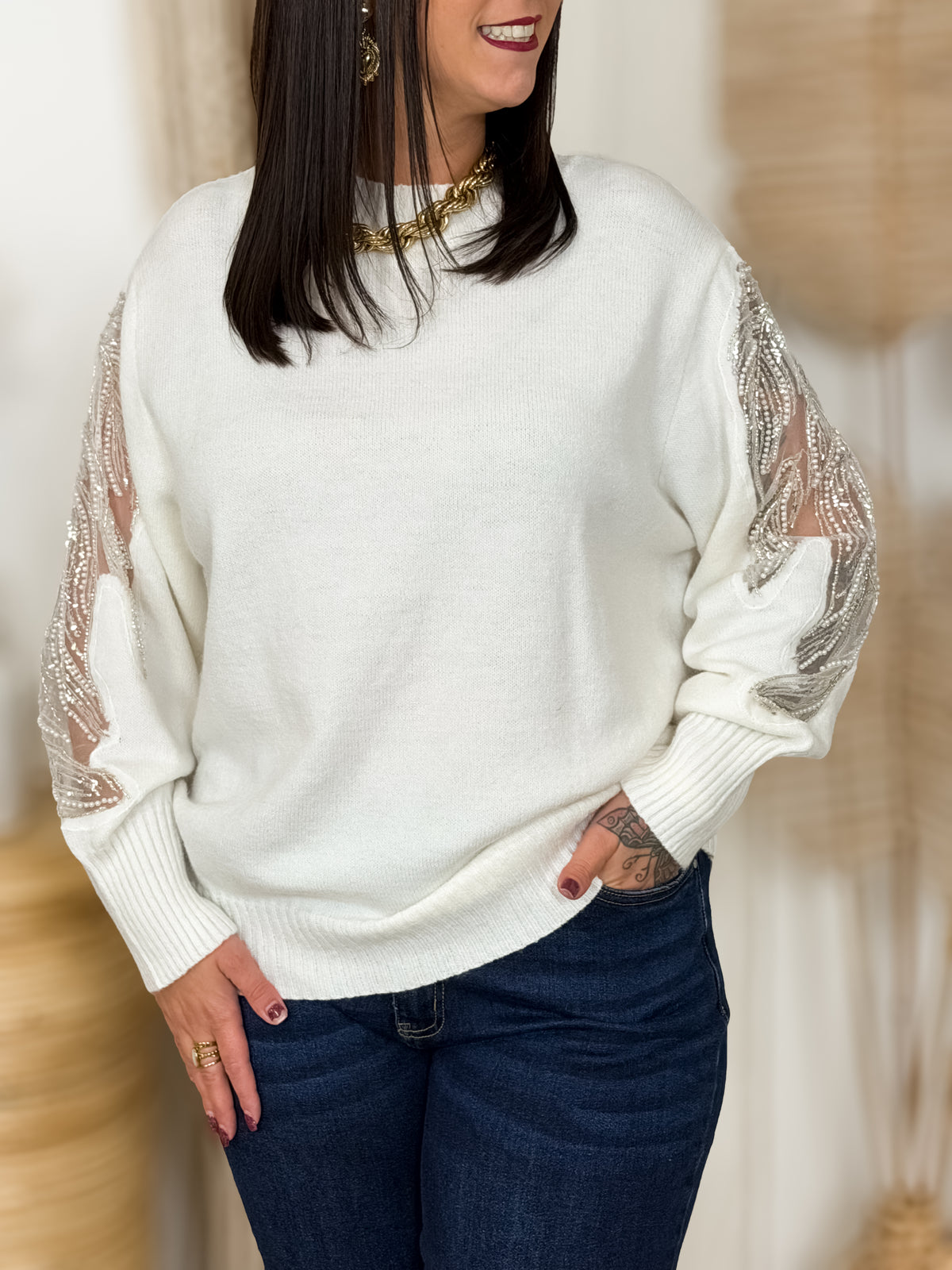 Pull grande taille Angel blanc à perles et sequins