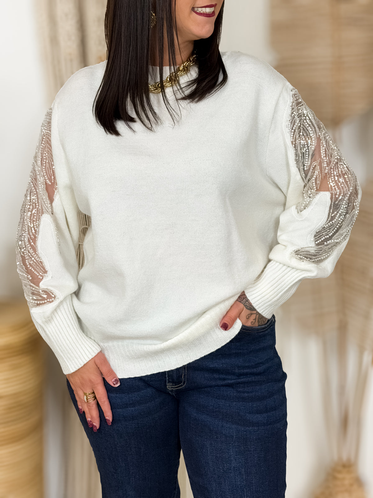 Pull grande taille Angel blanc à perles et sequins