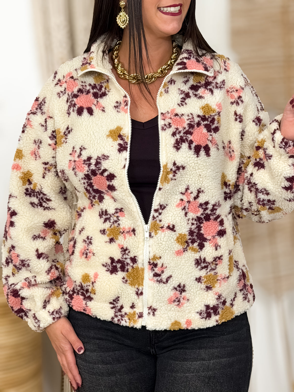 Veste teddy grande taille Kyliana écru et bordeaux