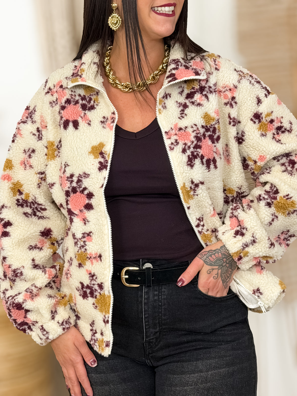 Veste teddy grande taille Kyliana écru et bordeaux