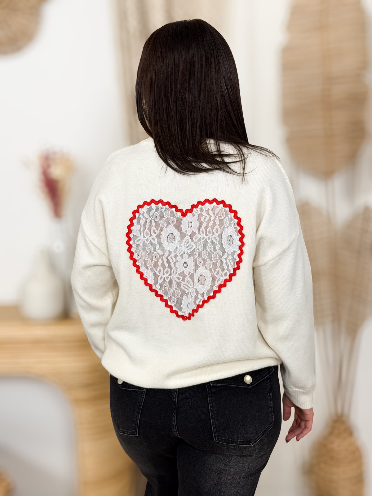 Pull grande taille Lovi écru, cœur en dentelle