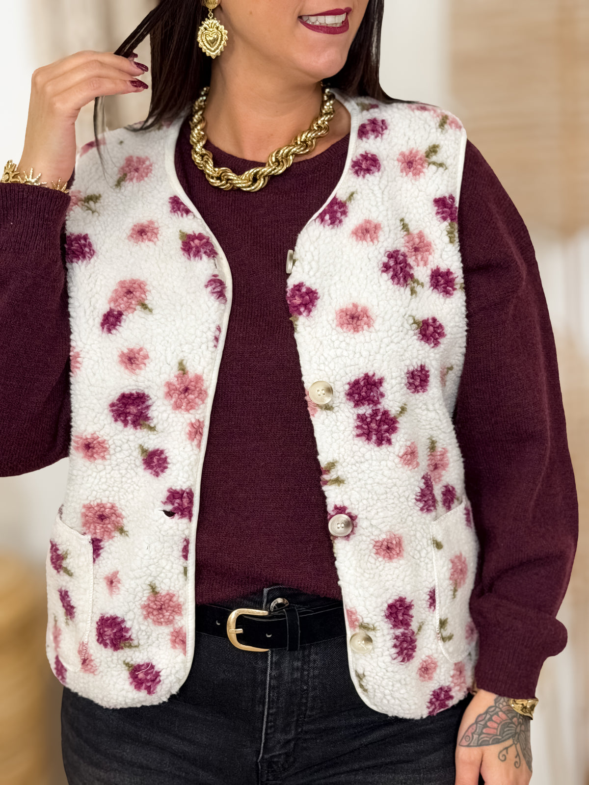 Veste sans manches teddy grande taille Julli écru et rose