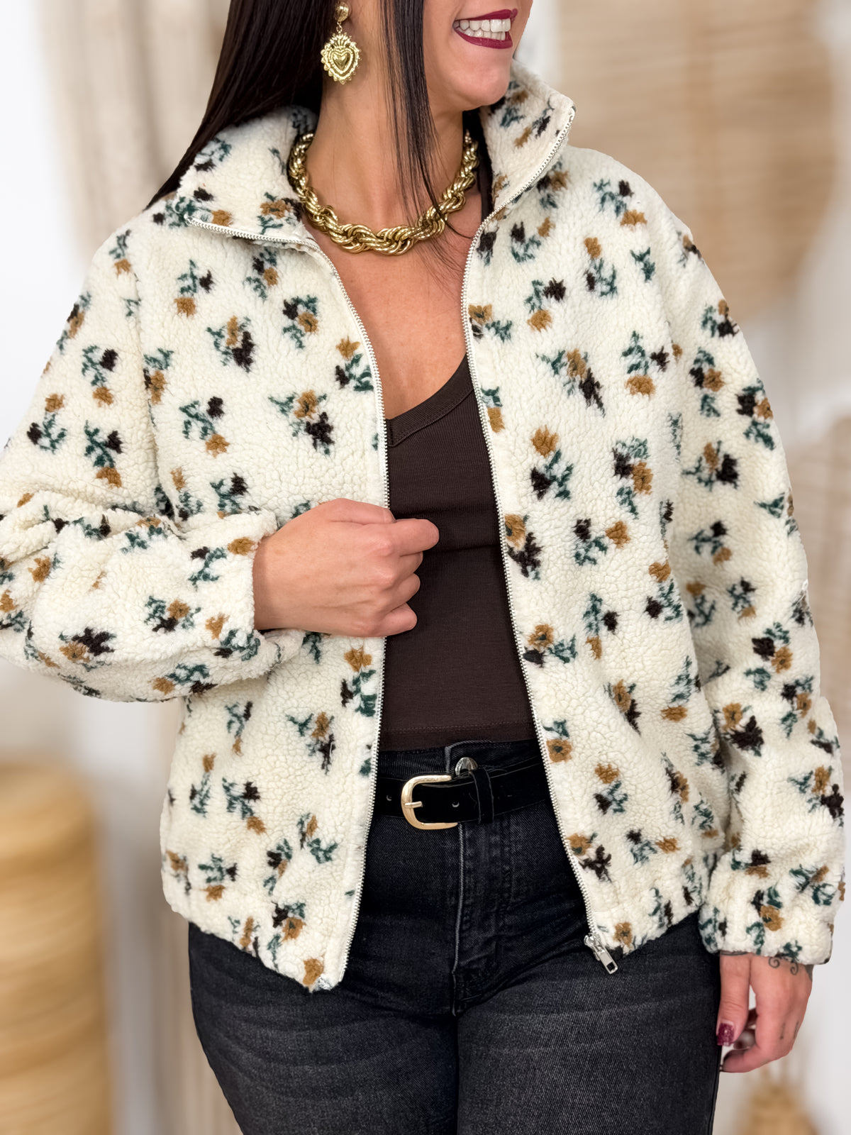 Veste teddy grande taille Billie écru et brun
