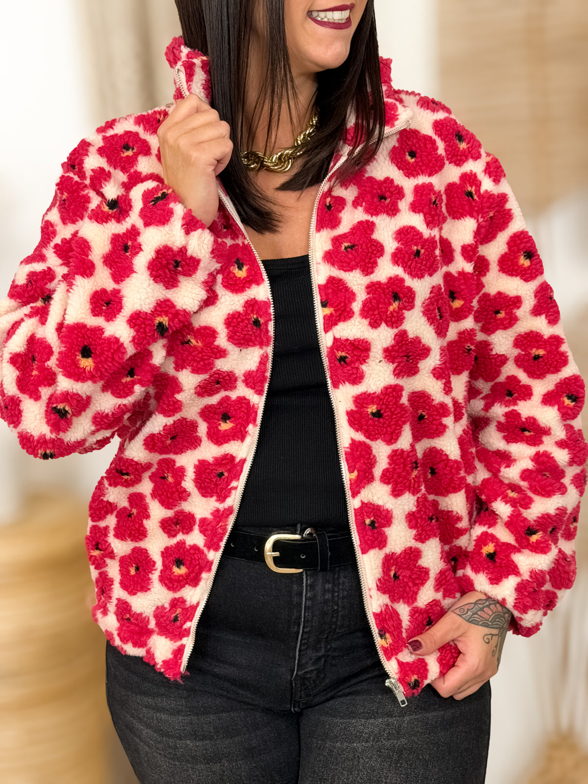 Veste teddy grande taille Julie écru et fuchsia