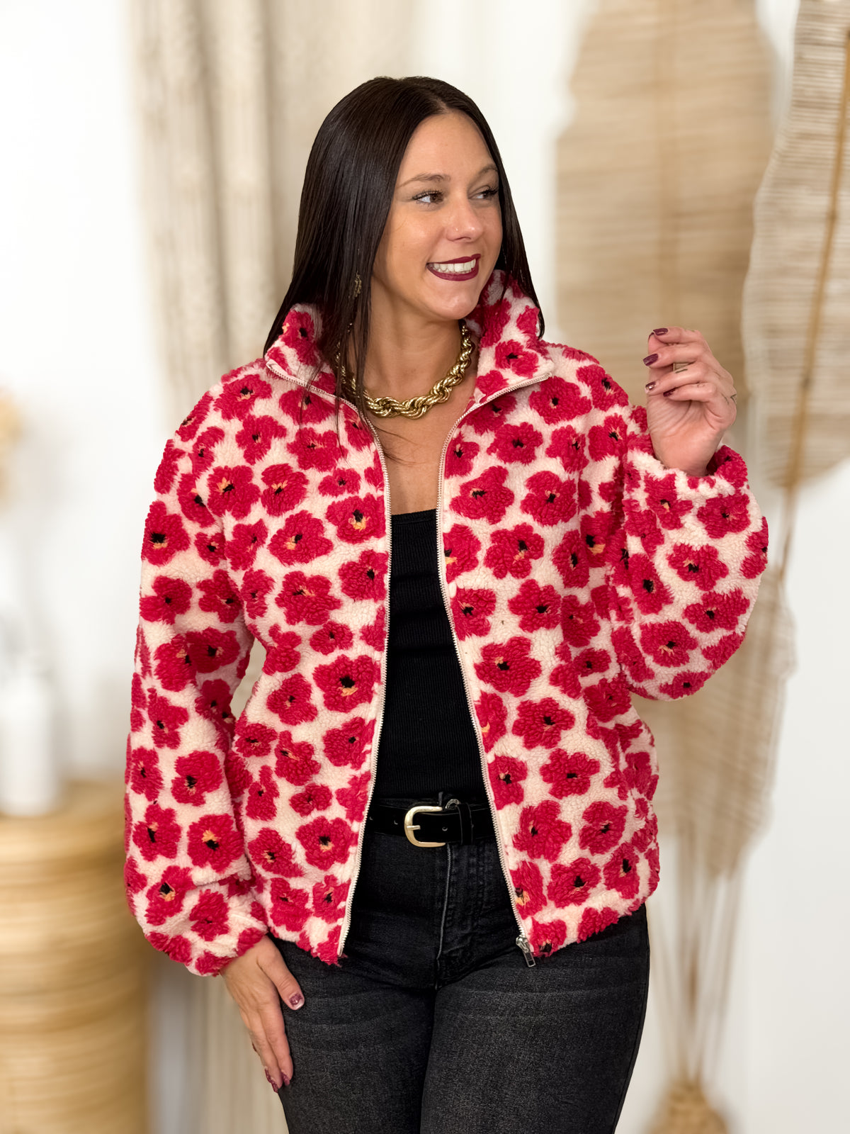 Veste teddy grande taille Julie écru et fuchsia