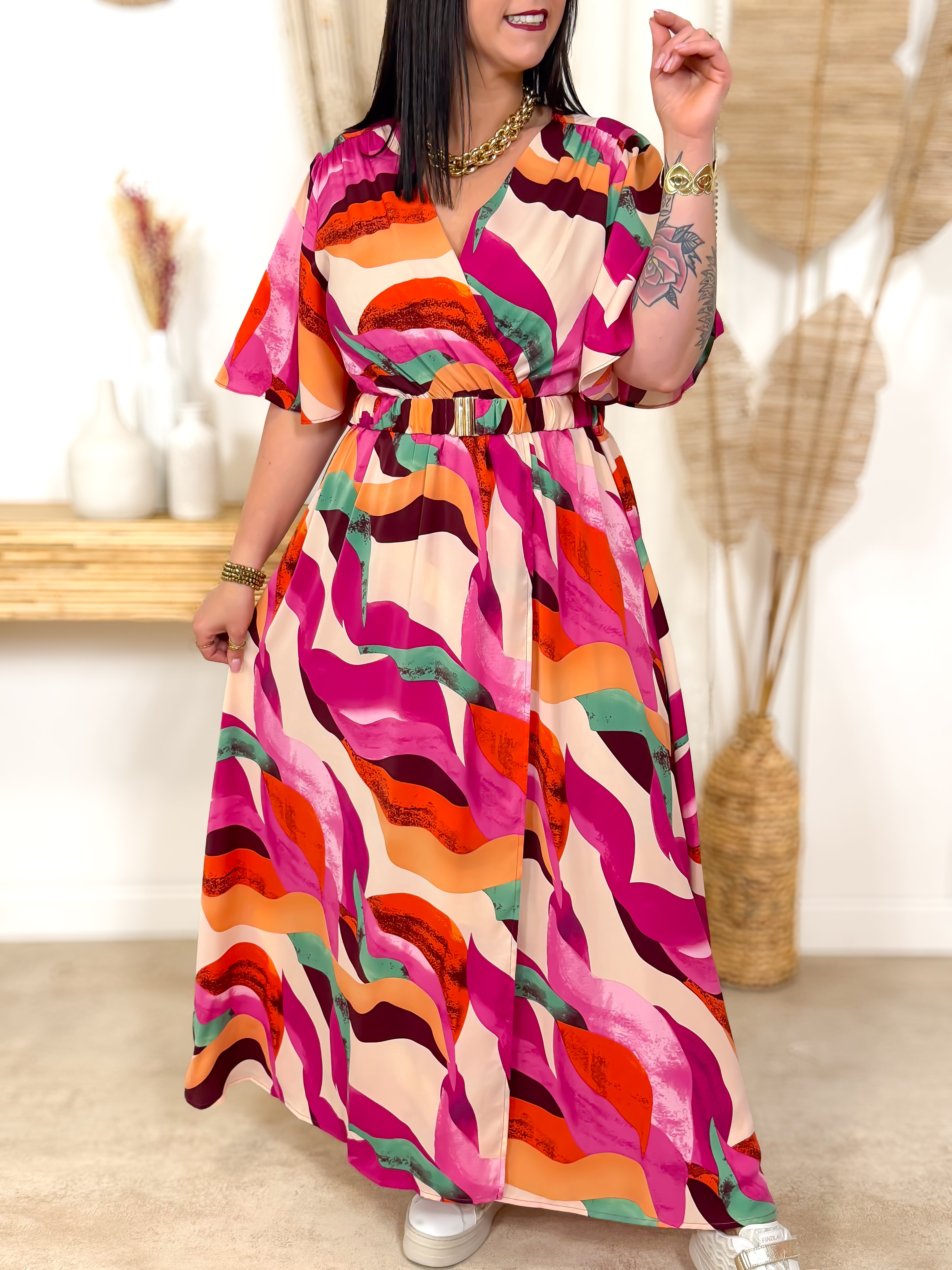 Robe Longue - Lilianna - Beige & Magenta
