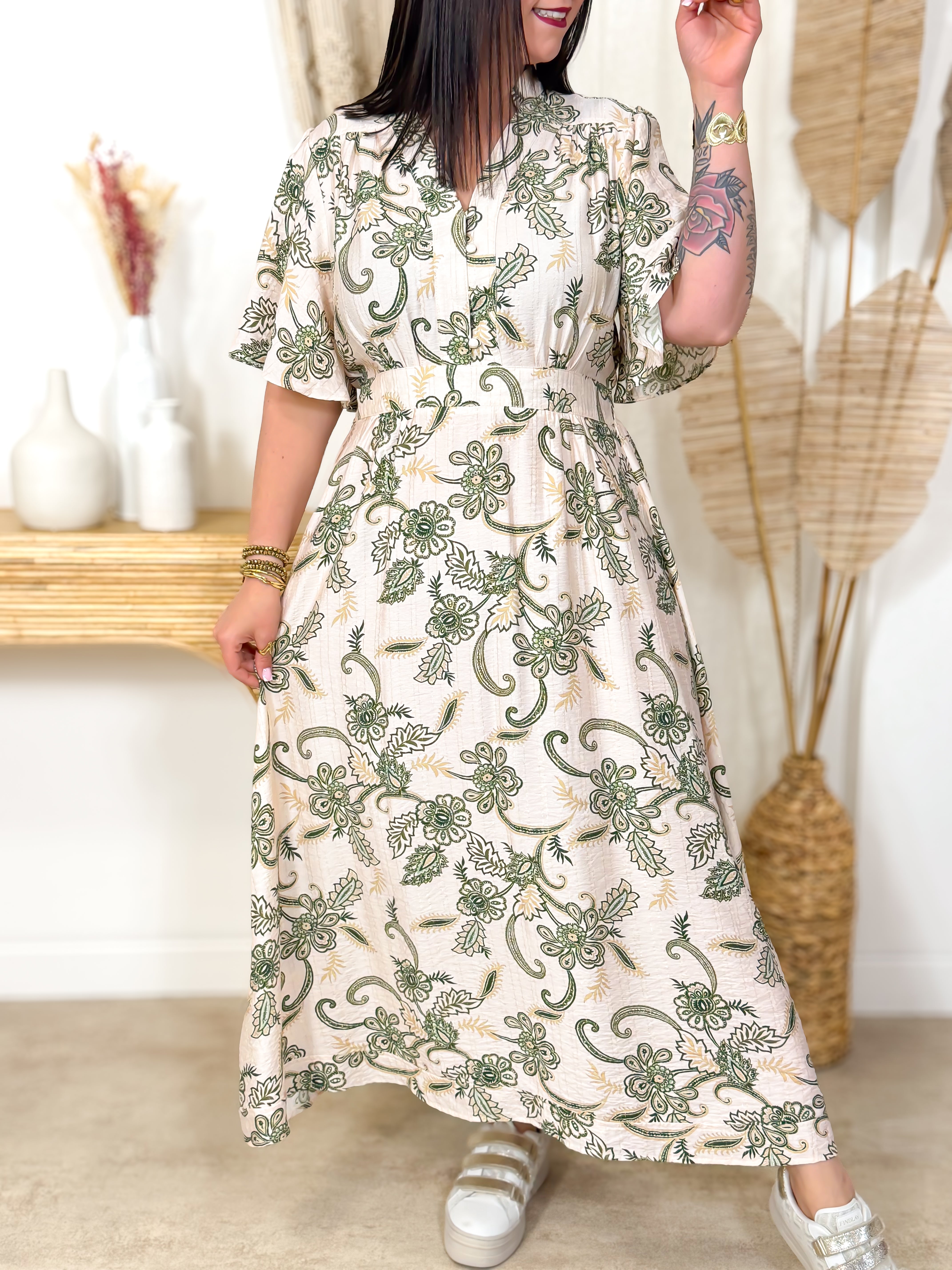 Robe Longue - Ava - Ecru & Kaki