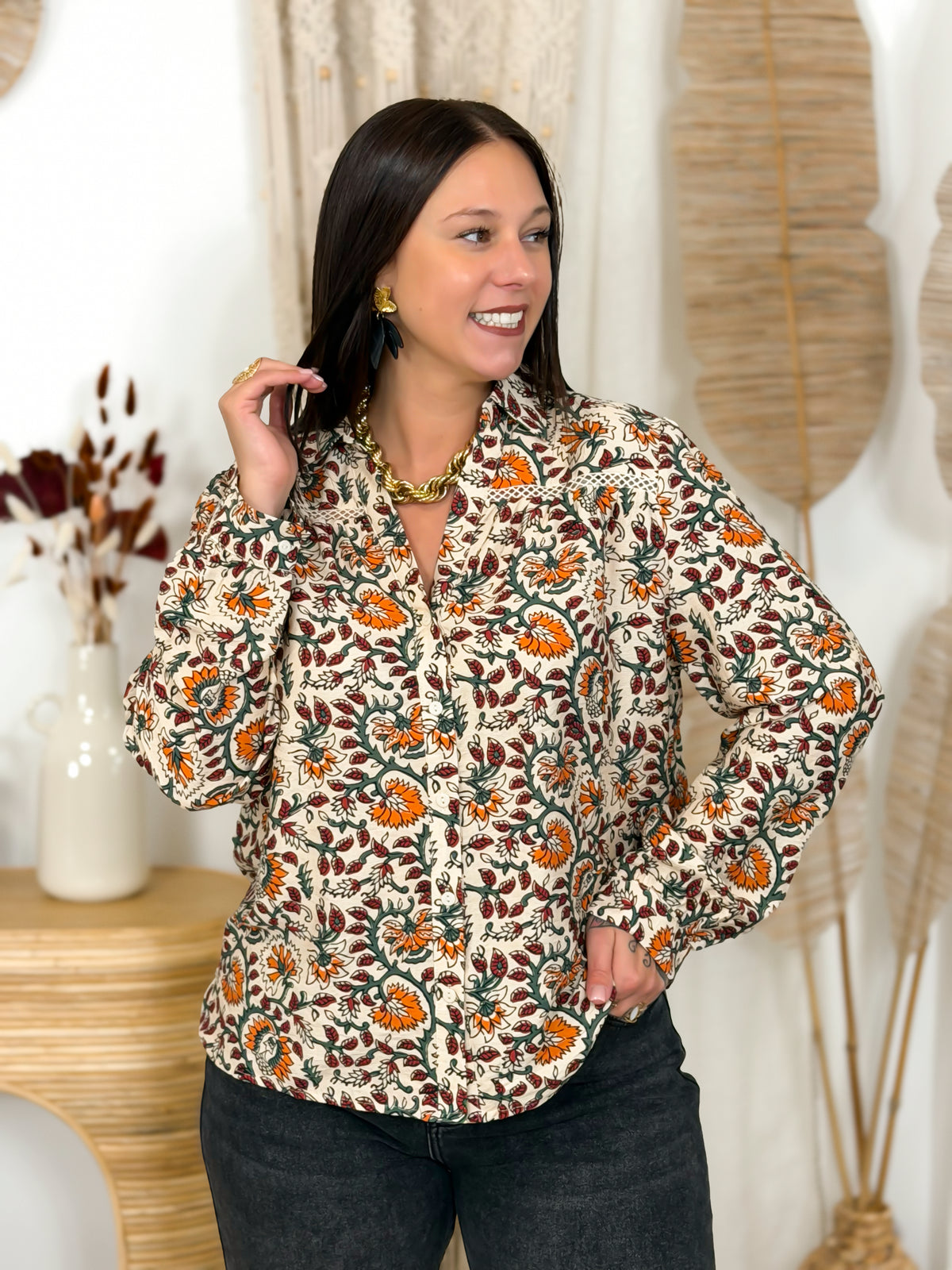 Blouse grande taille écru et orange – photo 3