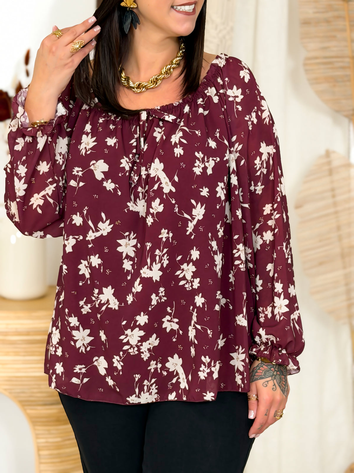 Blouse grande taille bordeaux fleurie – photo 1