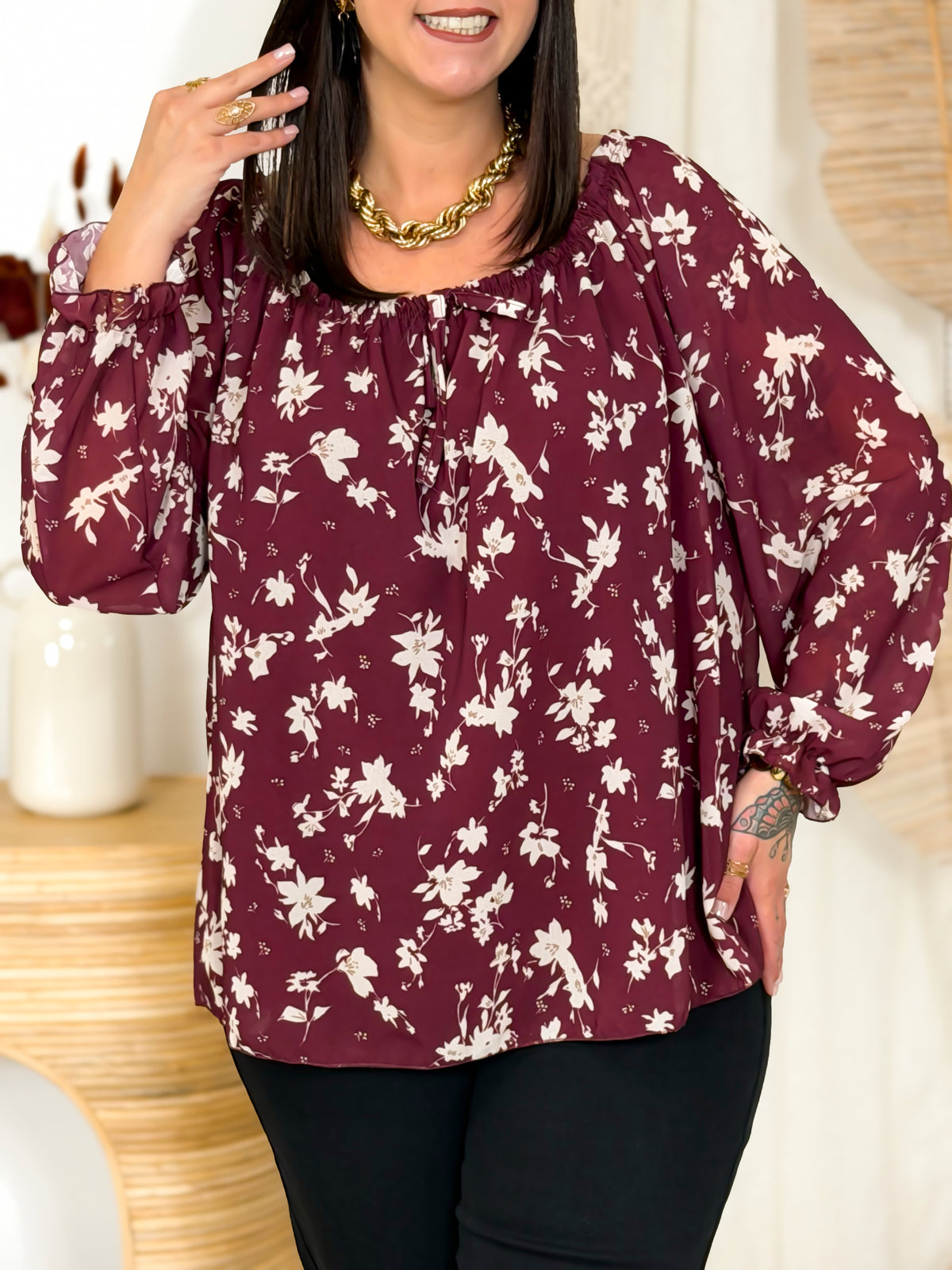 Blouse grande taille bordeaux fleurie – photo 7