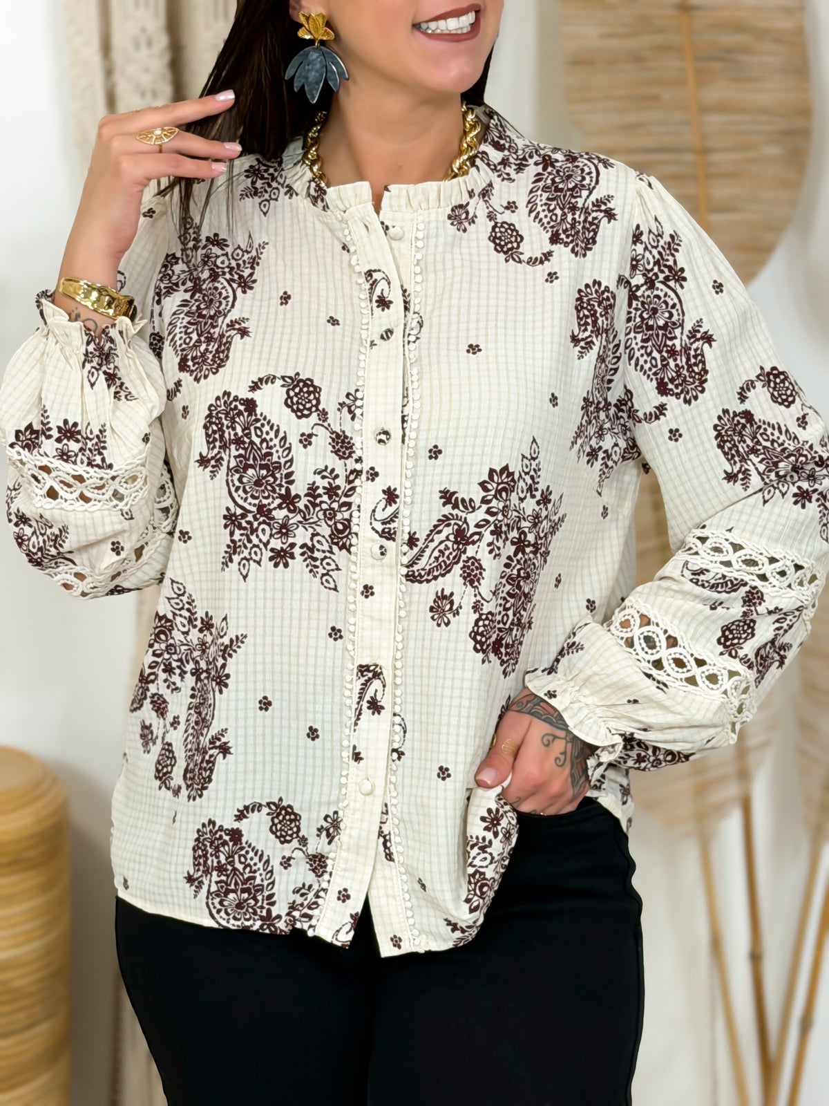 Blouse - Mélinda - Écru et Bordeaux