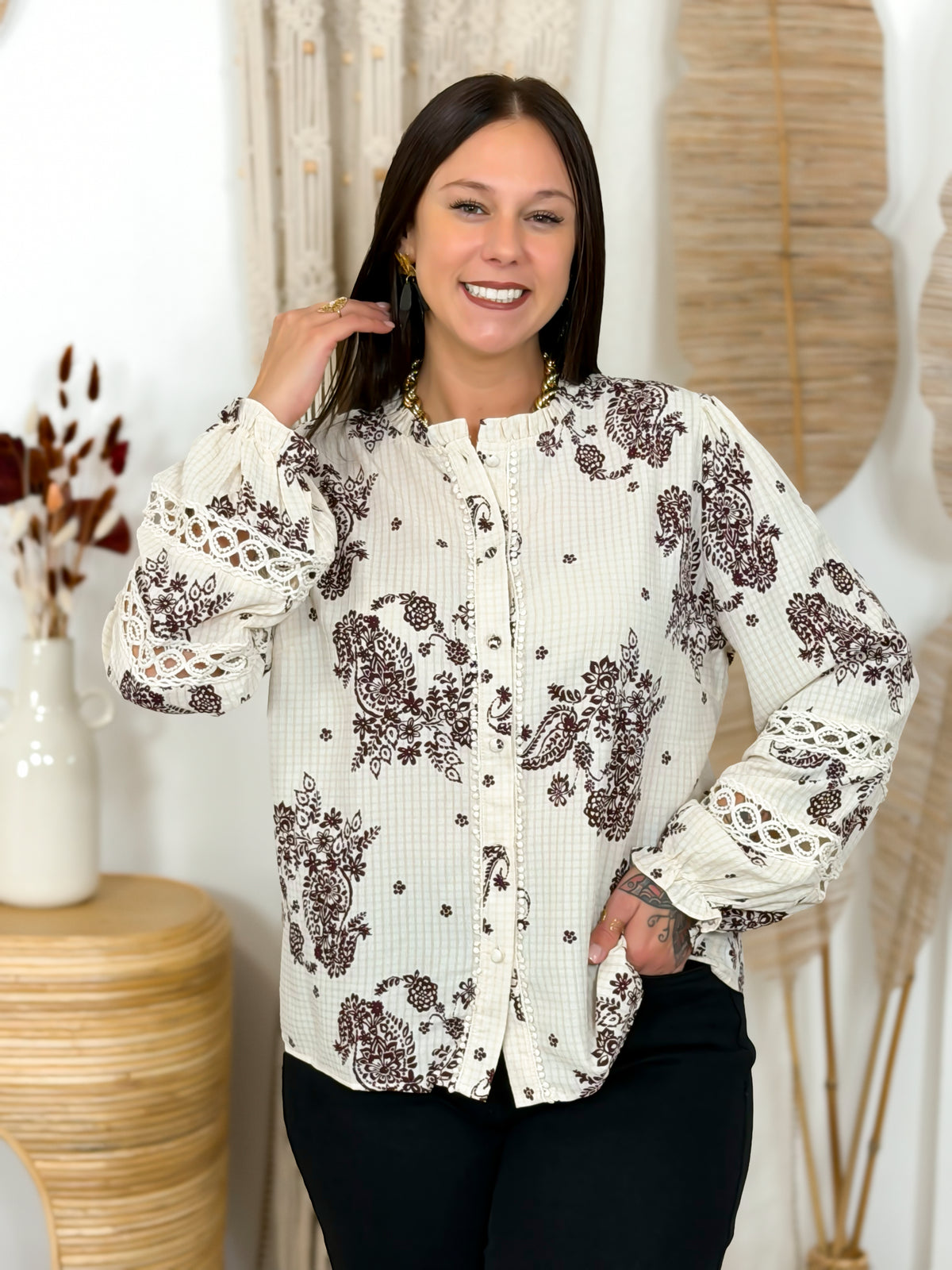 Blouse - Mélinda - Écru et Bordeaux