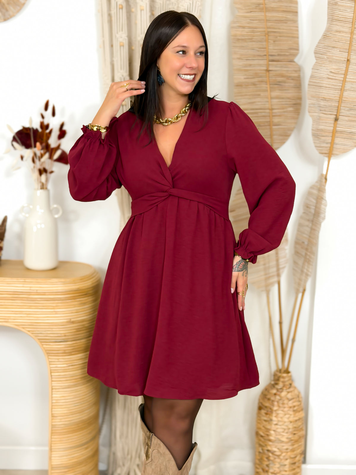 Robe courte grande taille bordeaux unie – photo 3